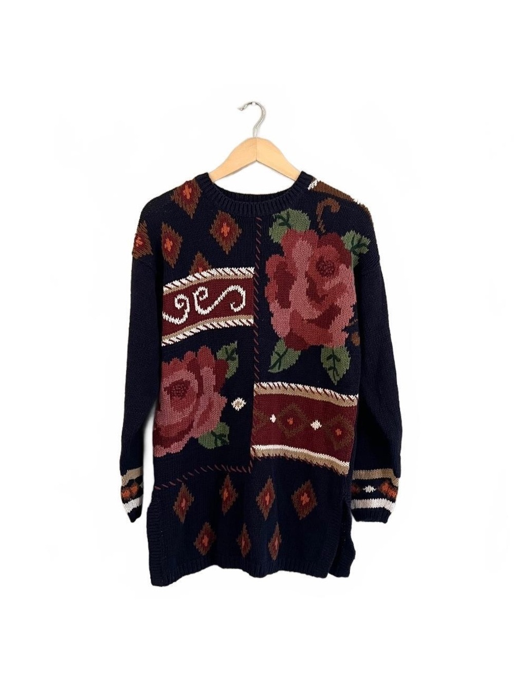 Vintage 1990’s Navy Patchwork Rose Diamond Knit Sweater Dress Cottage Whimsy